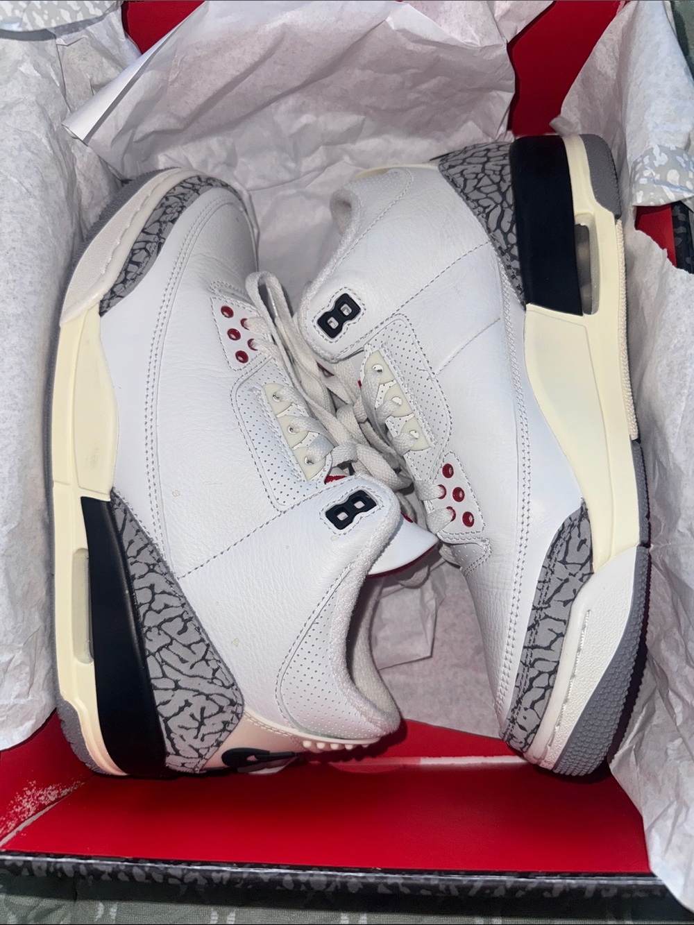 Jordan White Retro Sneakers with Grey Elephant Print and Black/Red Accents